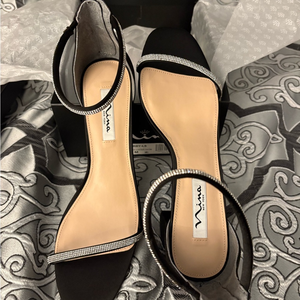 Nina Black Heels with Rhinestone Trim
